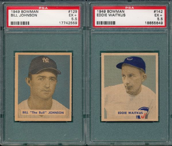 1949 Bowman #129 Johnson & #142 Waitkus, (2) Card Lot PSA 5.5