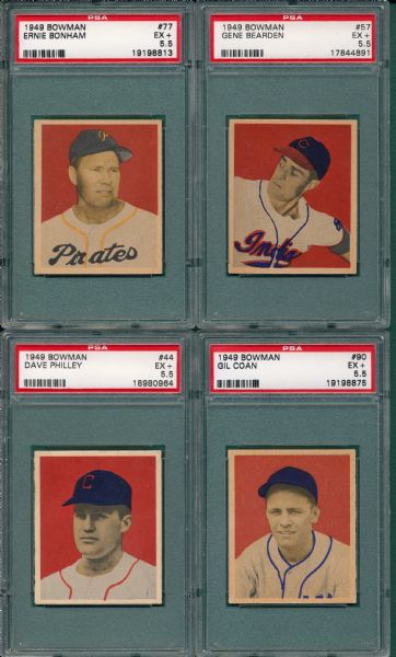 1949 Bowman #44, #57, #77 & #90, (4) Card Lot PSA 5.5
