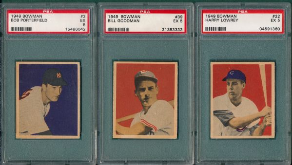 1949 Bowman #3, #22 & #39, (3) Card Lot of White Backs PSA 5