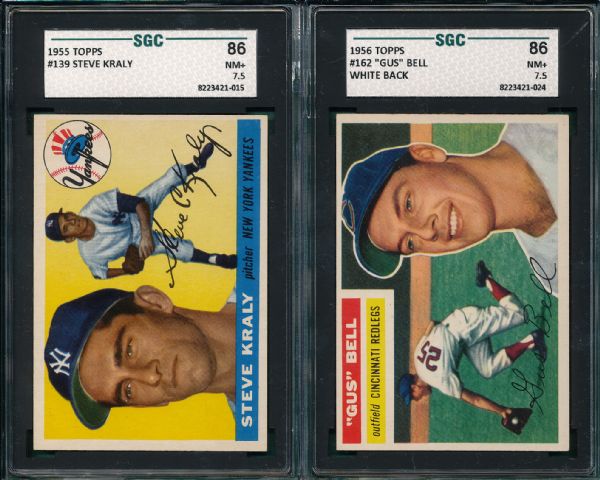 1955 Topps #139 Kraly & 1956 #162 Bell, (2) Card Lot SGC 86