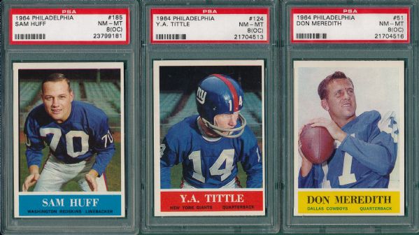 1964 Philadelphia #185 Huff, #124 Tittle & #51 Meredith, (3) Card Lot, PSA 8 (OC)