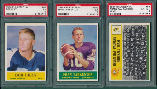 1964 Philadelphia #48 Lilly, #109 Tarkenton & #83 Packers, (3) Card Lot, PSA 
