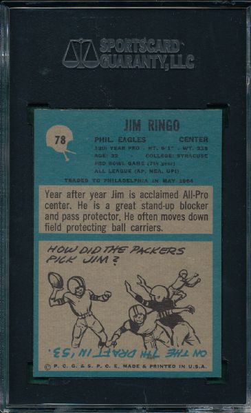 1964 Philadelphia FB #78 Jim Ringo SGC 96 *MINT*