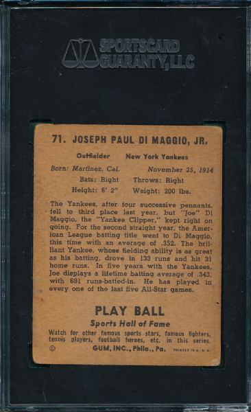 1941 Play Ball #71 Joe DiMaggio SGC 40
