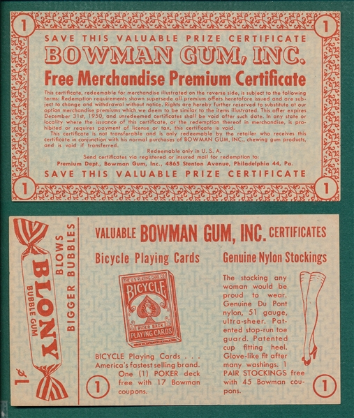 1950s Bowman Gum, Inc Premium Certificates Lot of (7)