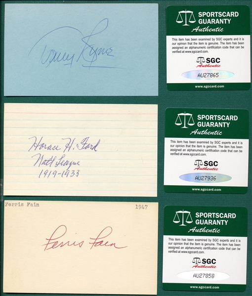 Lot of (6) Autographed Baseball Players, 3 X 5 Cards  SGC Authentic W/Bryne