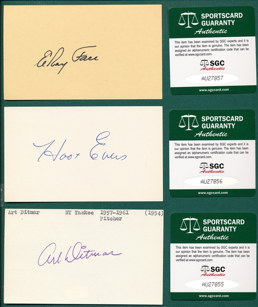 Lot of (6) Autographed Baseball Players, 3 X 5 Cards  SGC Authentic W/Averill