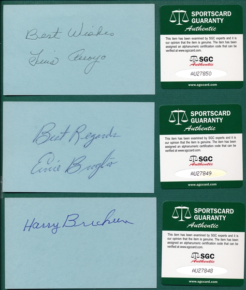 Lot of (6) Autographed Baseball Players, 3 X 5 Cards  SGC Authentic W/ Broglio
