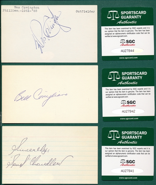 Lot of (6) Autographed Baseball Players, 3 X 5 Cards  SGC Authentic W/ Billy Congiliaro