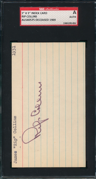Rip Collins, Autographed 3X5 Card, Signed SGC Authentic 