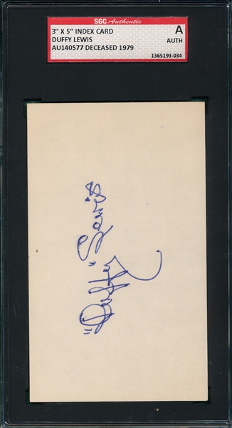 Duffy Lewis Autographed 3X5 Card, Signed, SGC Authentic 