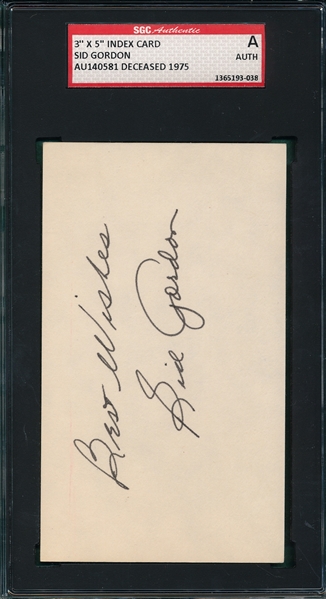 Sid Gordon Autographed 3X5 Card, Signed, SGC Authentic 