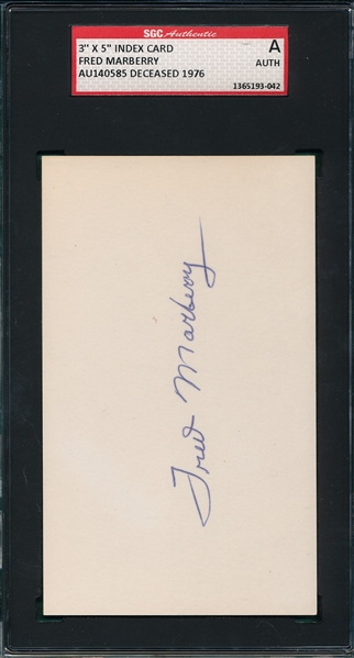 Fred Marberry Autographed 3X5 Card, Signed, SGC Authentic 