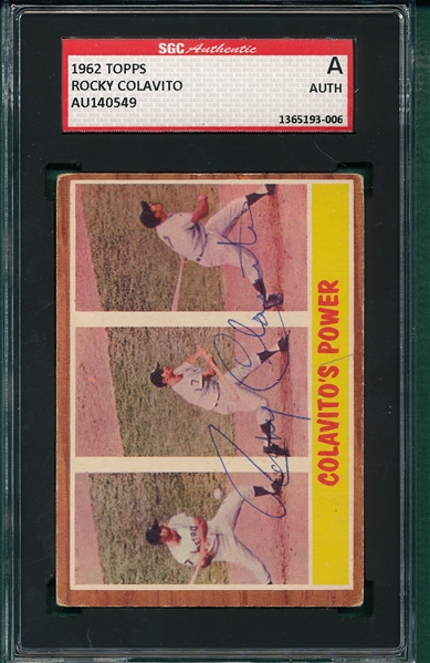 1962 Topps Rocky Colavito Autographed Card, SGC Authentic 