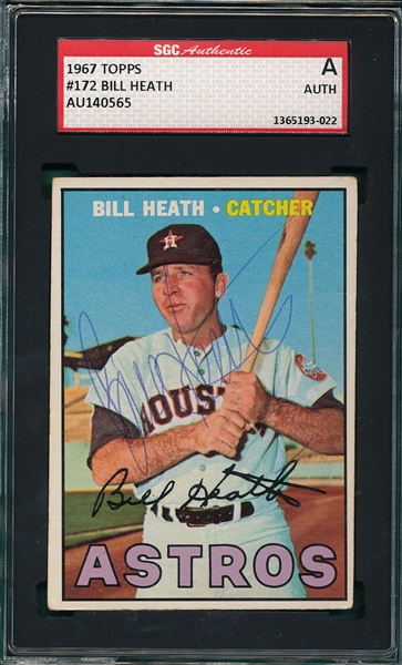 1967 Topps Bill Heath Autographed Card, SGC Authentic 