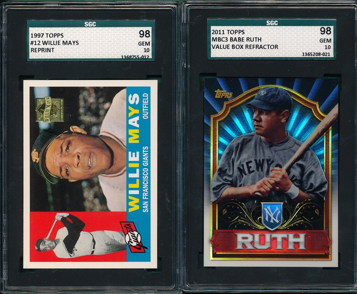 2011 Topps MBC3 Babe Ruth, Refractor & 1997 Topps #12 Willie Mays, (2) Card Lot, SGC 98