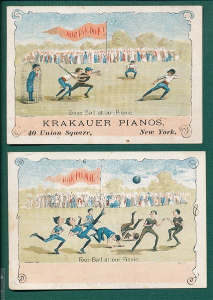 1880s Baseball & Football Trade Cards Our Picnic (2) Card Lot W/ Krakauer Pianos