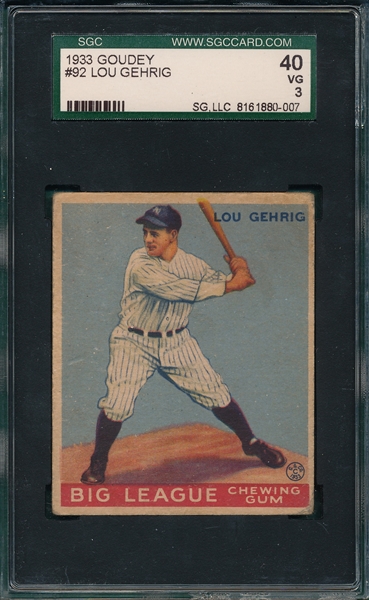 1933 Goudey #92 Lou Gehrig SGC 40