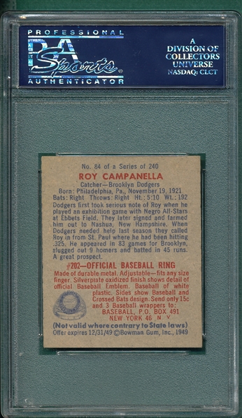 1949 Bowman #84 Roy Campanella PSA Authentic *NRMT Appearance* *Rookie*
