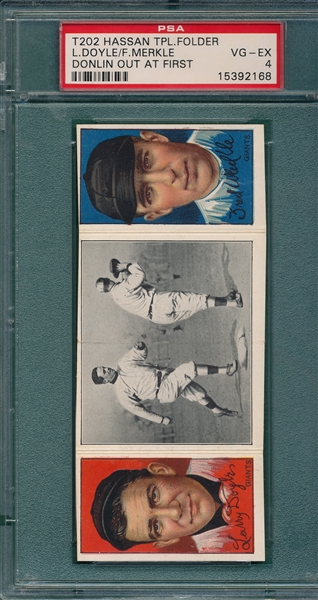 1912 T202 Donlin Out at First, Doyle/Merkle, Hassan Cigarettes PSA 4
