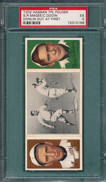 1912 T202 Donlin Out at First, Magee/Dooin, Hassan Cigarettes PSA 5