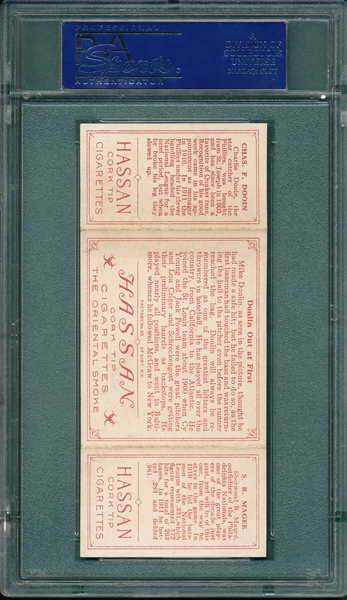 1912 T202 Donlin Out at First, Magee/Dooin, Hassan Cigarettes PSA 5