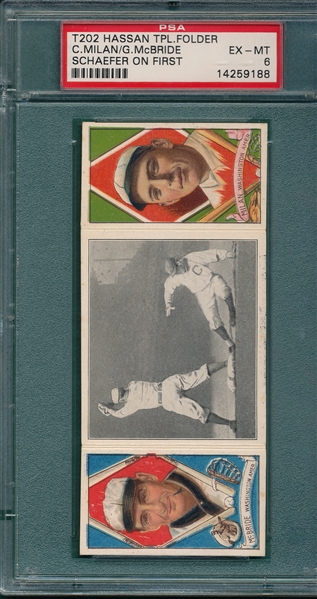 1912 T202 Schaefer On First, McBride/Milan, Hassan Cigarettes PSA 6