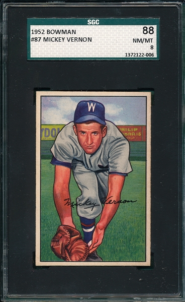 1952 Bowman #87 Mickey Vernon SGC 88 