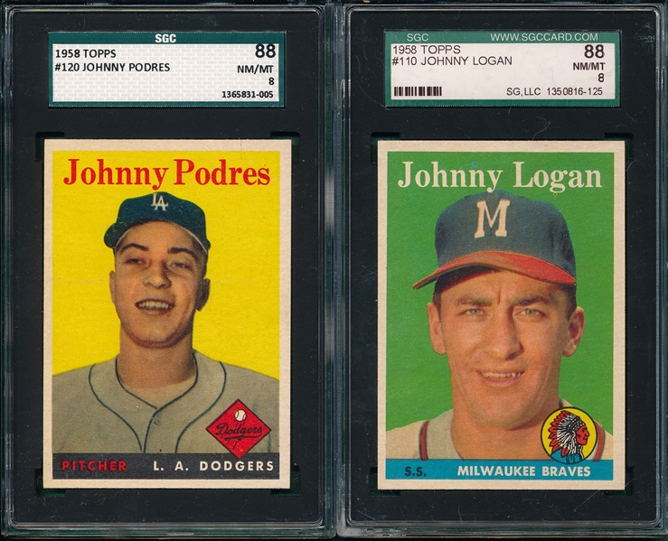 1958 Topps #120 Podres & #110 Logan (2) Card Lot SGC 88
