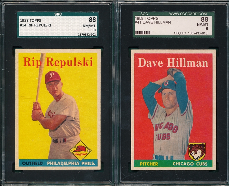 1958 Topps #14 Repulski & #41 Hillman (2) Card Lot SGC 88