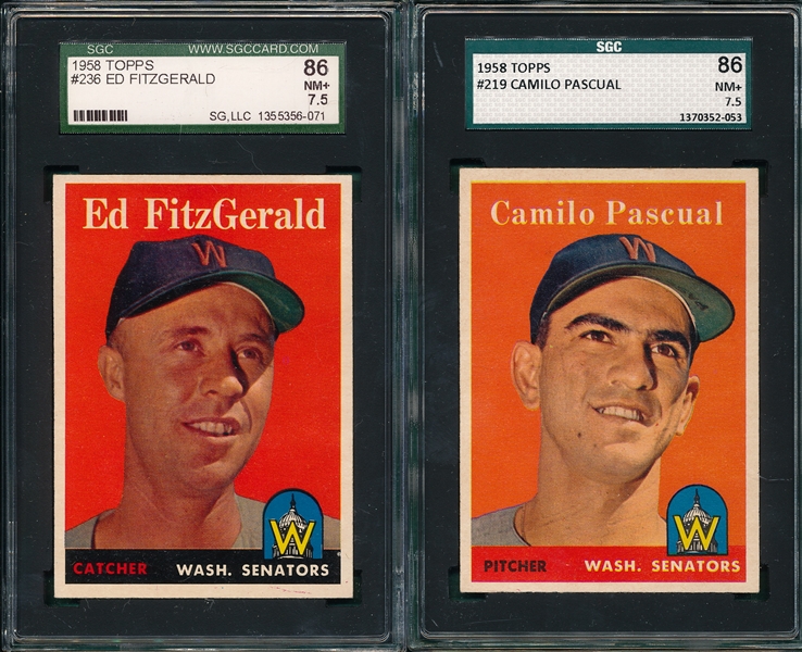 1958 Topps #219 Pascual & 236 Fitzgerald (2) Card Lot SGC 86
