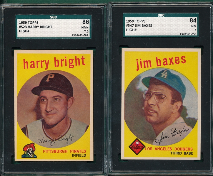 1959 Topps #523 Bright & #547 Baxes, (2) Card Lot, SGC 86 *High #*