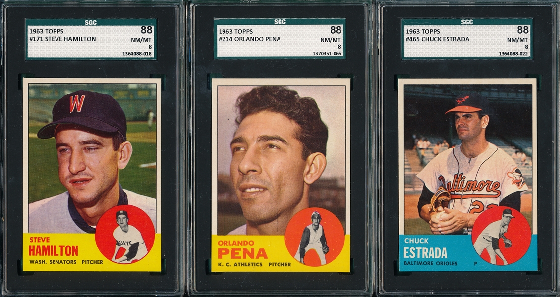 1963 Topps #171, #214 & #465, (3) Card Lot SGC 88