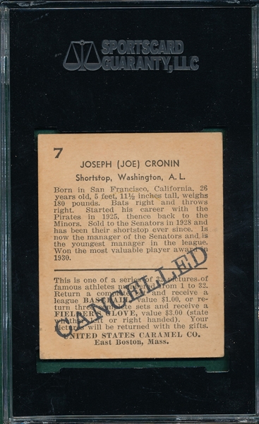 1932 U S Caramels #07 Joe Cronin SGC 50 *Cancelled*