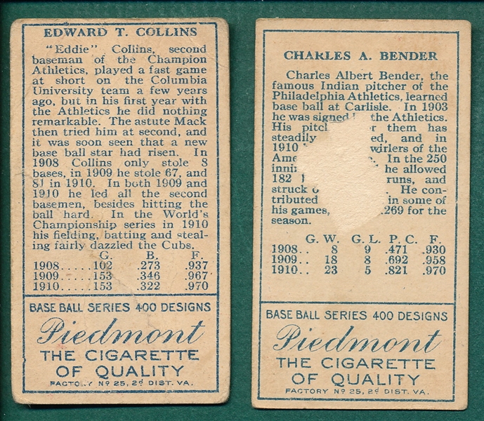 1911 T205 Bender & E. Collins (2) Card Lot Piedmont Cigarettes