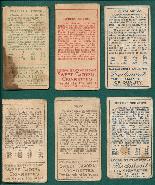 1911 T205 Washington Senators (6) Card Lot W/ American Beauty Back