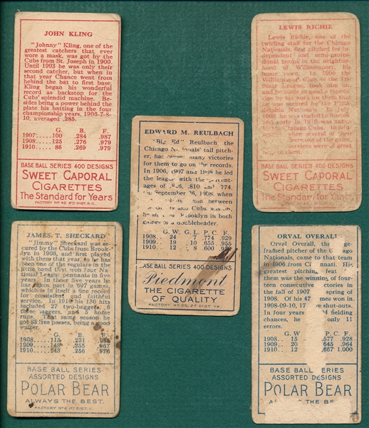 1911 T205 Chicago Cubs (5) Card Lot W/ Reulbach