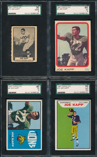 1962-65 Topps CFL Joe Kapp (4) Card Lot SGC 