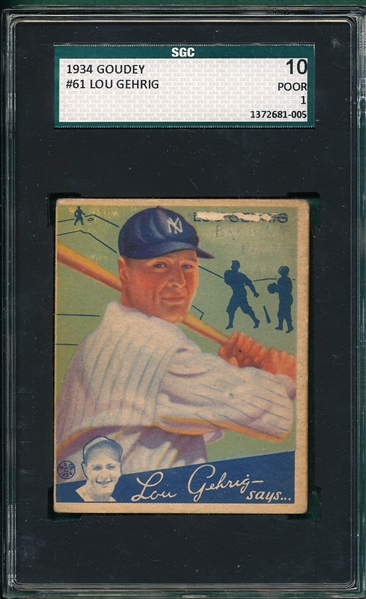1934 Goudey #61 Lou Gehrig SGC 10