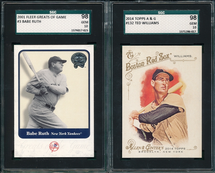 2001 Fleer Greats #3 Babe Ruth & 2013 Topps A & G #132 Ted Williams (2) Card Lot SGC 98 *Gem Mint*