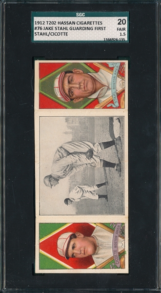 1912 T202 Jake Stahl Guarding First, Stahl/ Cicotte, Hassan Cigarettes SGC 20