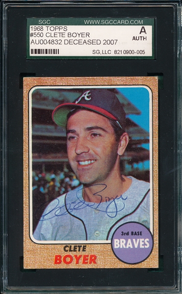 1968 Topps #550 Clete Boyer, Signed SGC Authentic *Autograph*