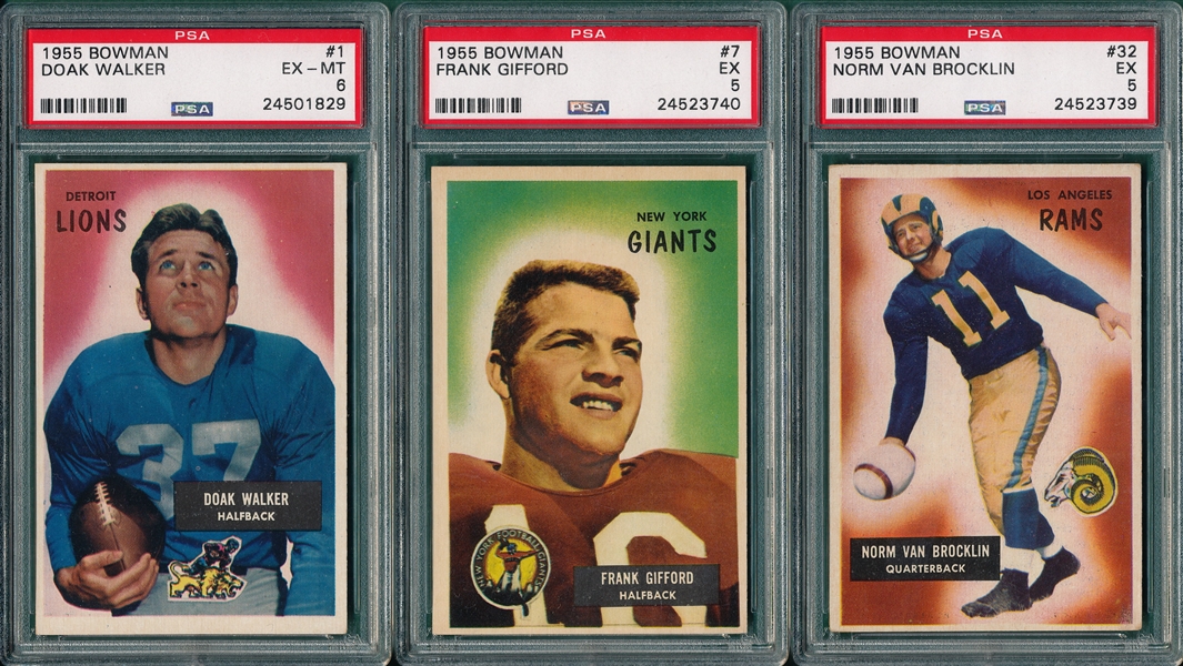 1955 Bowman FB #1 Doak Walker, #7 Gifford & #32 Van Brocklin (3) Card Lot PSA