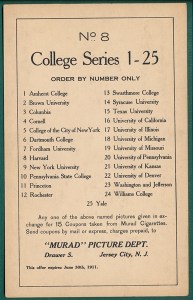 1910 Murad College Series, Large Cards, #8 Harvard, Football