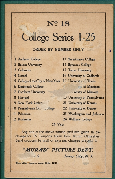 1910 Murad College Series, Large Cards, #18 Michigan, Football