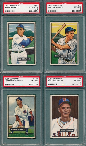 1951 Bowman (4) Card Lot W/ Vernon PSA 6