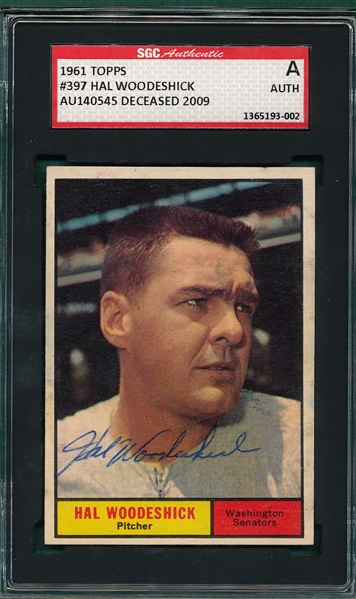 1961 Topps Hal Woodeshick & Casale Autographed Card, SGC Authentic 