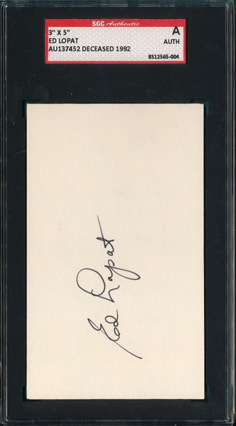 Ed Lopat Autographed 3X5 Card, Signed, SGC Authentic 