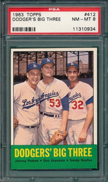 1963 Topps #412 Dodgers Big Three W/ Sandy Koufax PSA 8