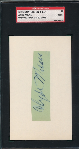 Autographed 3X5 Card, Clyde Milan, Signed SGC Authentic *T206 Player*